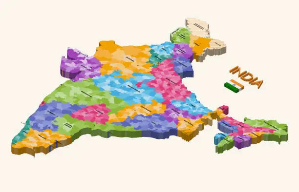 Vector illustration of States of India 3d (isometric) colorful vector map with capital cities and flag of India