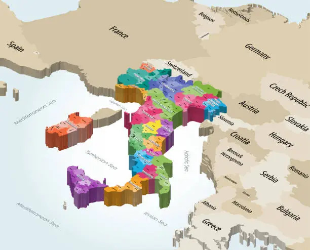 Vector illustration of Italy municipalities isometric map colored by administrative regions with neighbouring countries