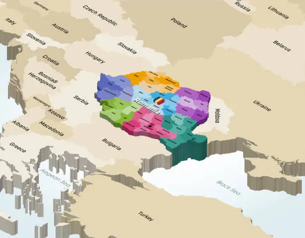 Vector illustration of Romania counties 3d (isometric) colorful vector map with neighbouring countries
