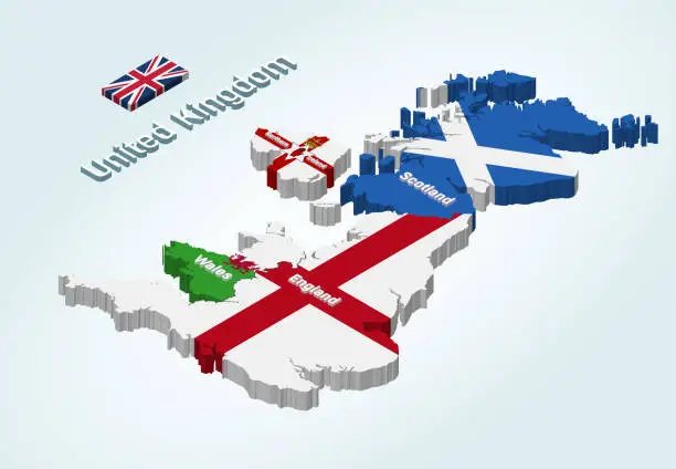 Vector illustration of United Kingdom isometric map with flags incorporated inside countries' silhouettes