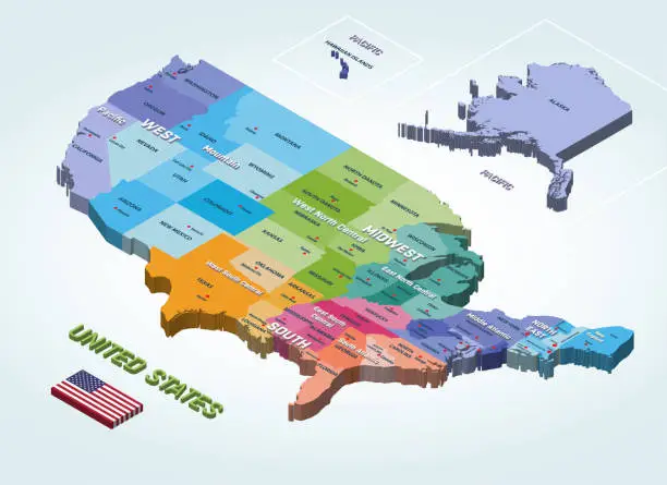 Vector illustration of United States isometric map colored by regions
