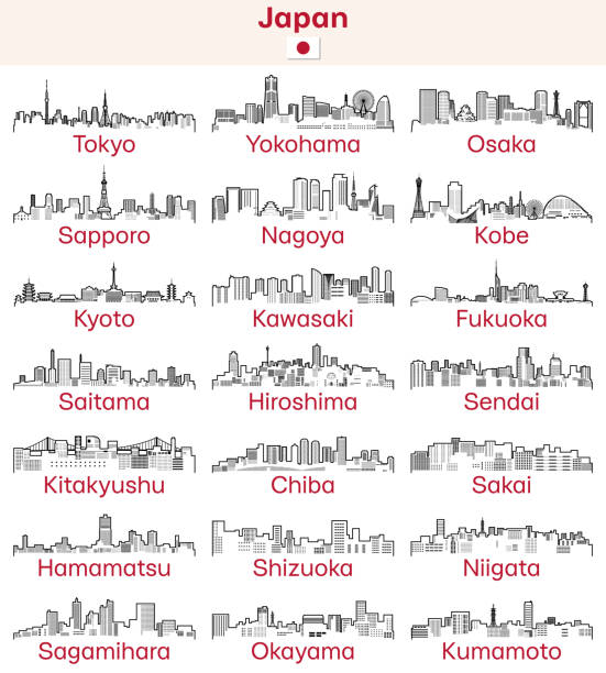 ilustrações, clipart, desenhos animados e ícones de cidades japaesas delineiam conjunto vetorial de skylines - niiagata