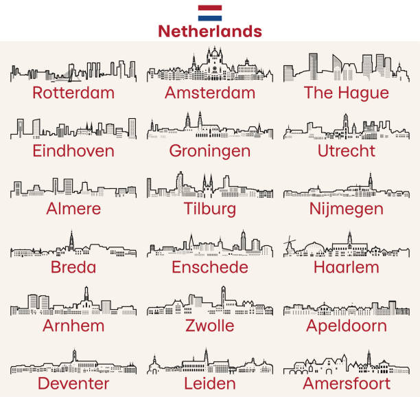 ilustraciones, imágenes clip art, dibujos animados e iconos de stock de las ciudades de los países bajos esbozan el conjunto vectorial de horizontes - amsterdam netherlands city skyline