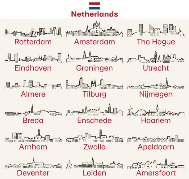 Vector illustration of Netherlands cities outline skylines vector set