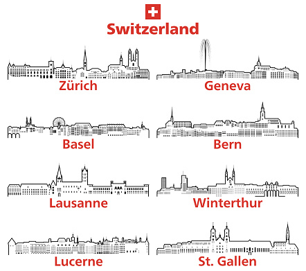 Switzerland cities outline skylines vector set