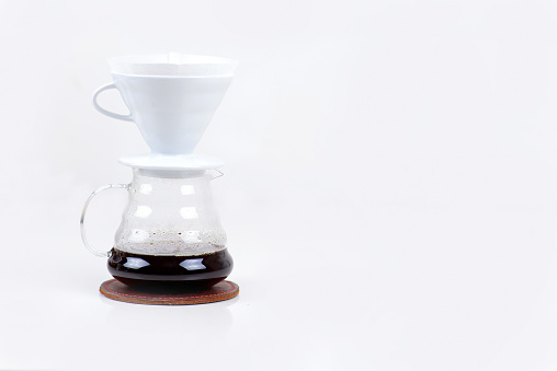 V60 coffee brewing equipment, white background. text field