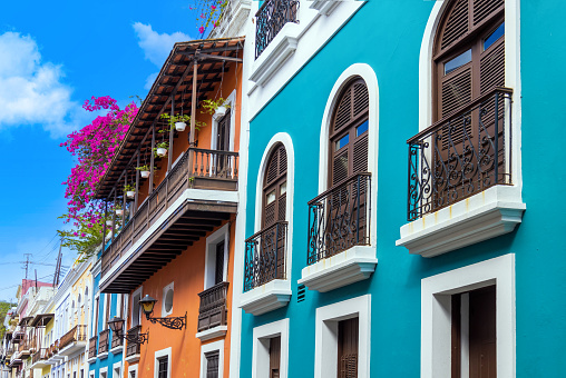 Puerto Rico colorful colonial architecture in historic city center.