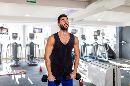 A portrait of a handsome young athlete building muscles in a gym using dumbbells.