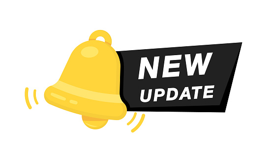 New update with bell. Modern label with bell. System software upgrade web banner element. New update available notification. Reminder for new update for software, web and app. Vector