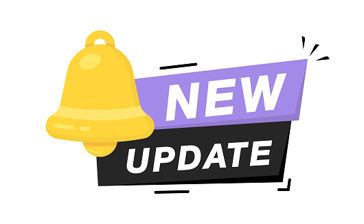 New update with bell. Modern label with bell. System software upgrade web banner element. New update available notification. Reminder for new update for software, web and app. Vector