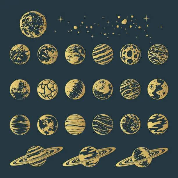 Vector illustration of Golden galaxy planets celestial collection. Hand drawn isolated  set of 22 space design elements for print, poster and greeting card.