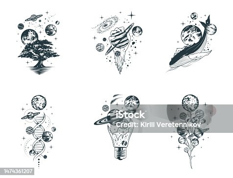 istock Celestial space compositions isolated set. Six hand drawn vector illustrations of mystical planets, galaxy, stars, whales and trees for poster, tattoo and greening card. 1474361207