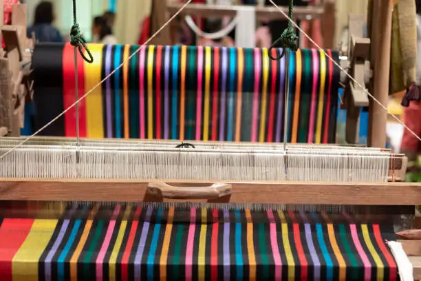 Photo of loom that prepared fibers for weaving work in ancient times weaved with natural fibers and is handicraft that is popular with people because weaving from natural fibers takes quite long time to weave.