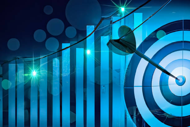 istock Drawing with a Target with an arrow on a blue background with a diorama and highlights. Created with AI. 1474363075