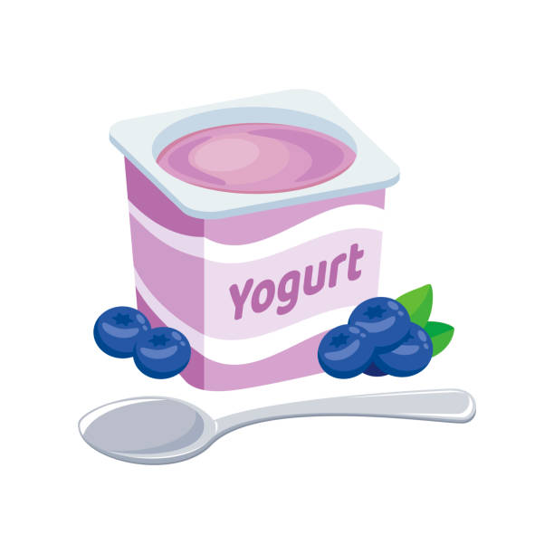 ilustrações de stock, clip art, desenhos animados e ícones de blueberry yogurt plastic cup icon vector - white background container silverware dishware