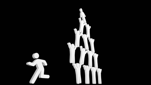 A pictogram doll running away from a collapsing pyramid structure