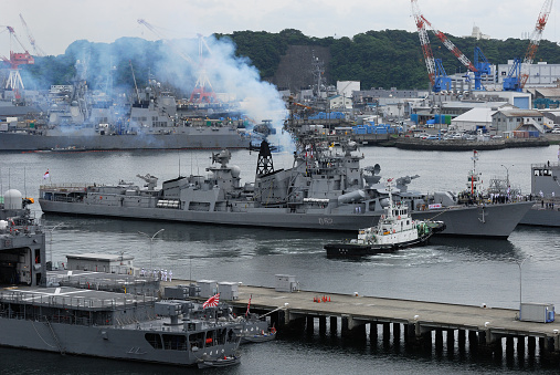 Kanagawa Prefecture, Japan - June 05, 2012: Indian Navy INS Rana (D52), Rajput-class guided-missile destroyer.