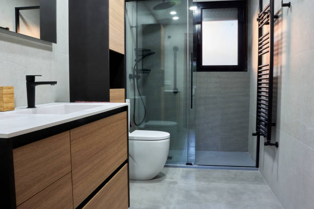 istock General horizontal view of a modern and minimalist bathroom. 1474367026