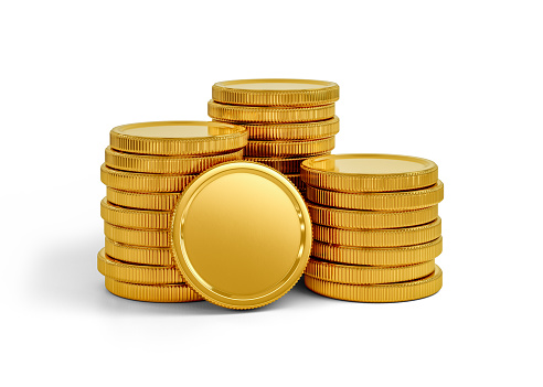 3D render of gold coins falling isolated on white background. Set of gold coins.