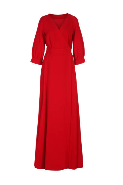istock Red long elegant dress on white background 1474368343