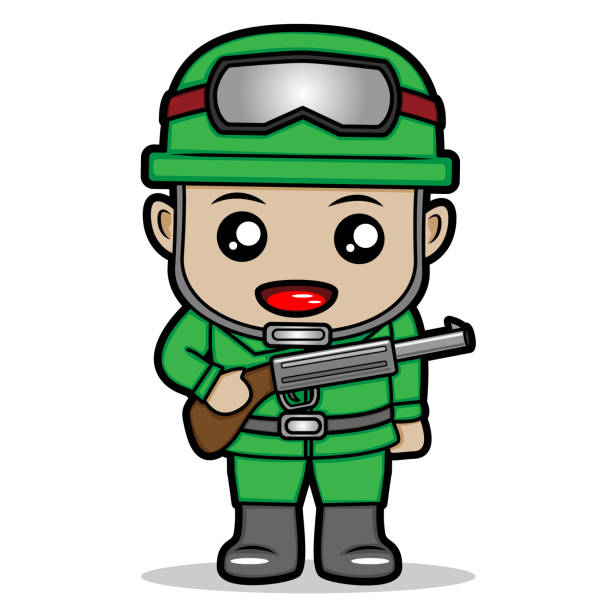 smiling soldier holding a rifle vector art illustration