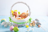 Stylish Easter basket as Traditions on Holy Sunday in Easter.