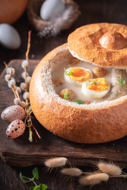 istock Classic sour soup with marjoram, egg and white sausage. 1474373225