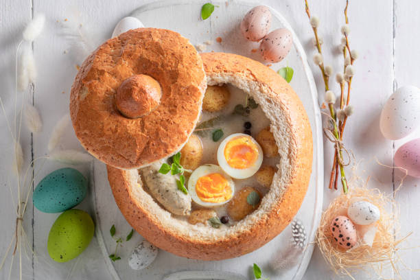 istock Homemade sour soup served in bread for Easter. 1474373381