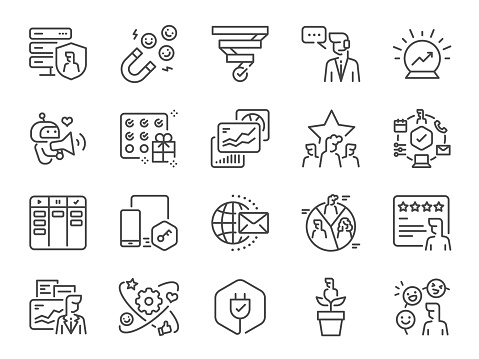 CRM icon set. It included icons such as customer data, contact management, sale pipeline, and more.