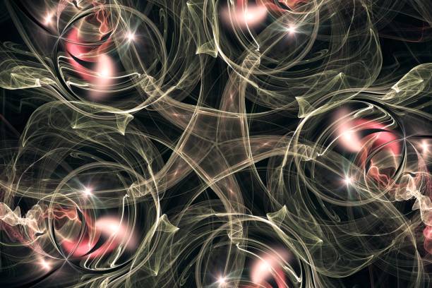 Yellow pink glowing pattern of curved lines and waves on a black background. Abstract fractal 3D rendering
