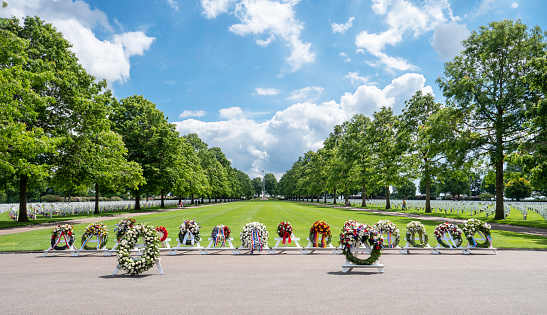 Wreaths of flowers on memorial day at the Netherlands American Cemetery and Memorial in Margraten in the Dutch province of Limburg