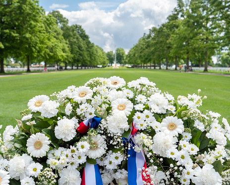 Flowers on memorial day at the Netherlands American Cemetery and Memorial in Margraten in the Dutch province of Limburg