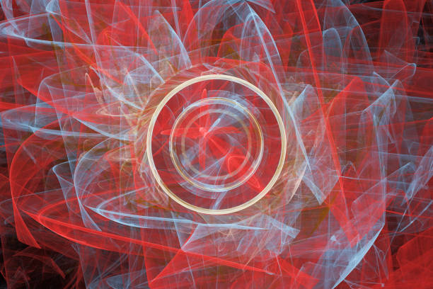 Red blue pattern of curved waves with a circle on a black background. Abstract fractal 3D rendering
