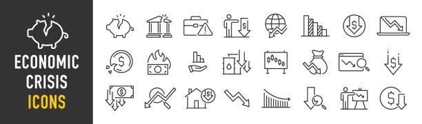 ilustrações, clipart, desenhos animados e ícones de ícone da web de crise econômica definido em estilo de linha. diminuição, demissão, emprego demitido, cortes salariais, baixo custo, cobrança. ilustração vetorial. - perda