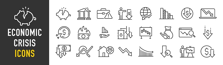 Economic crisis web icon set in line style. Decrease, layoff, job fired, pay cuts, low cost, collection. Vector illustration.