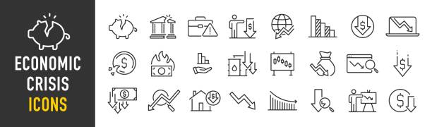 Economic crisis web icon set in line style. Decrease, layoff, job fired, pay cuts, low cost, collection. Vector illustration. vector art illustration