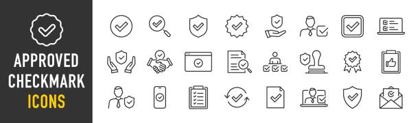Checkmark and Approved web icon set in line style. Checklist, accepted, stamp, accept, agree, quality control, collection. Vector illustration. vector art illustration