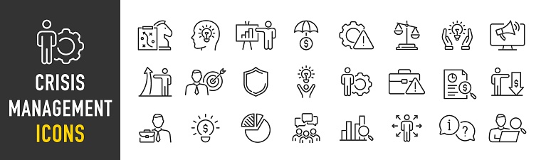 Crisis management web icon set in line style. Management, risk, business strategy, feedback, assessment, protection, crisis, collection. Vector illustration.