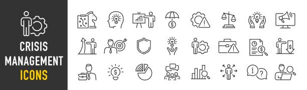 Crisis management web icon set in line style. Management, risk, business strategy, feedback, assessment, protection, crisis, collection. Vector illustration. vector art illustration