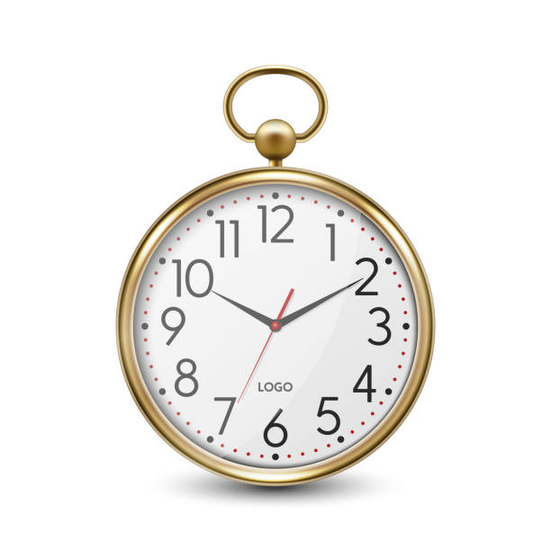 wektor 3d realistyczny prosty okrągły metalowy żółty złoty ścienny zegar biurowy z białą ikoną tarczy zbliżenie izolowane na białym tle. szablon projektu, makieta do brandingu, reklama. widok z przodu - clock wall clock face clock hand stock illustrations