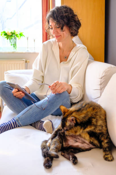 istock Smiling woman with cat looking at notepad 1474376510
