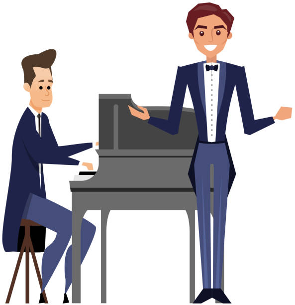 ilustraciones, imágenes clip art, dibujos animados e iconos de stock de músicos académicos de concierto hombre al piano y cantante en esmoquin actúan en el escenario aislado sobre blanco - singing singer teenager contest