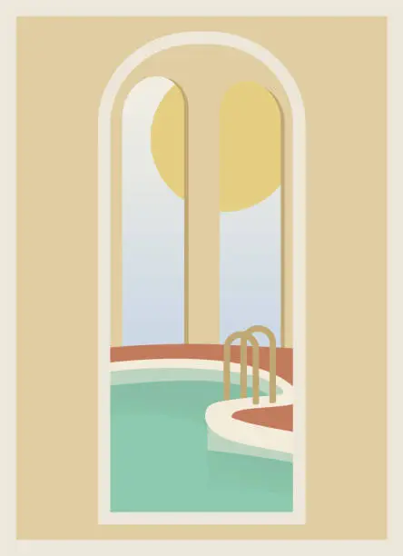 Vector illustration of Swimming pool and arches interior illustration poster. view through window flat design, modern house