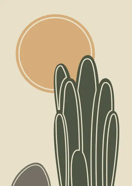 Vector illustration of Abstract contemporary aesthetic illustration with cacti and sun. Earth tones, beige colors. Boho wall decor.