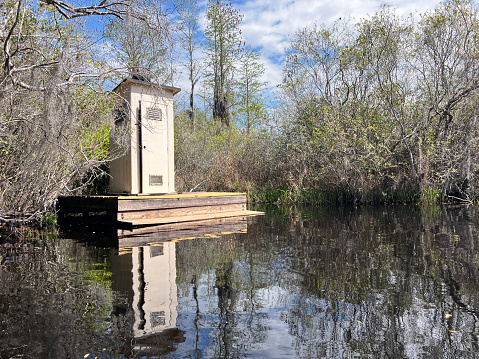 Outhouse facilities on the water at Okefenokee National Wildlife Refuge, home to thousands of alligators and North America's largest blackwater swamp.