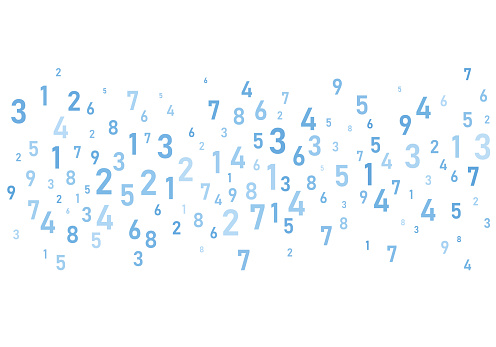 Numbers in blue. Falling, Financial Figures, Number, Algebra, Abstract. Crowded numbers pattern big data information background