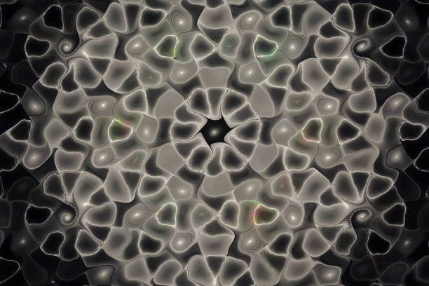 Gray floral pattern of crooked waves on a black background. Abstract fractal 3D rendering