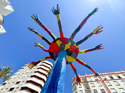 09.11.2022 - Castellón, Valencian Community, Spain: Sculpture Homenatge al filaor i menaor o Les cordeliers made by Juan Ripollés in 2002 on Huerto Sogueros square in Castellón