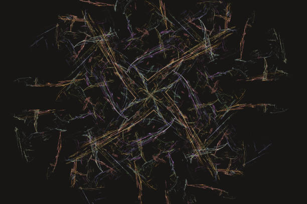 Orange pattern of curved lines on a black background. Abstract fractal 3D rendering