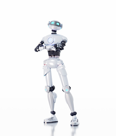 White robot posing to camera. Technology and computer science concept. 3D rendering illustration